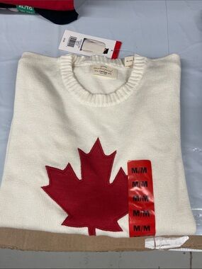 Weatherproof Cream V-Neck Sweater with Red Maple Applique